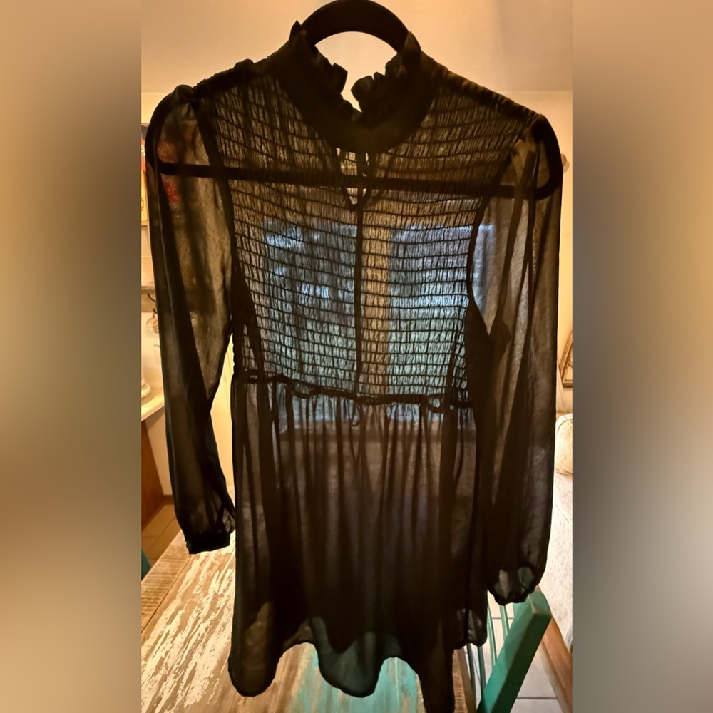 Lily Rose Black Sheer Smocked Yoke Tunic Top